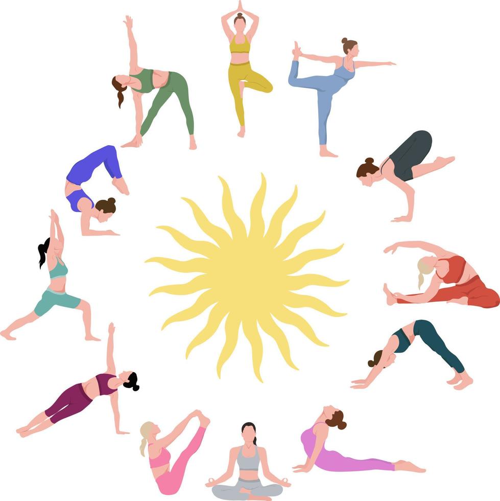 Set of poses woman yoga. Collection of female cartoon yoga positions isolated on white background. Full body yoga workout vector