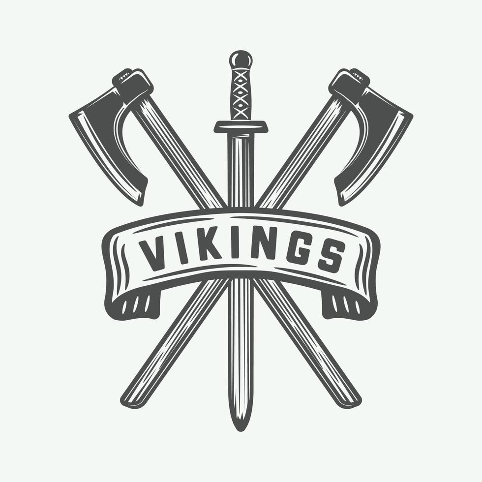 logotipo de vikingos antiguos, etiqueta, emblema, insignia en estilo retro con cita. arte gráfico monocromático. ilustración vectorial vector