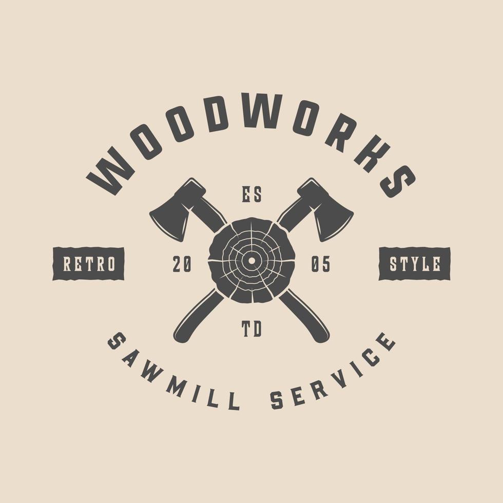 Vintage carpentry, woodwork and mechanic label, badge, emblem and logo. Vector illustration. Monochrome Graphic Art.