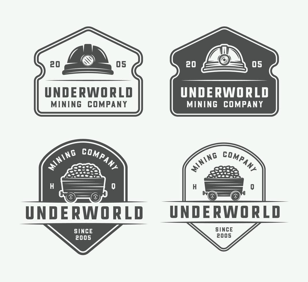 Set of retro mining or construction logo badges and labels in vintage style. Monochrome Graphic Art. Vector Illustration.