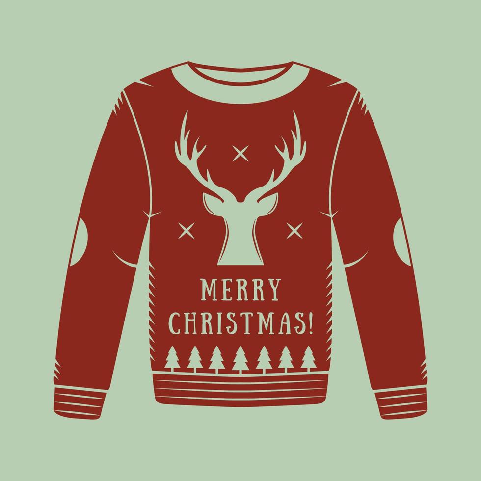 Vintage Christmas sweater with deer, trees and stars in red. Vector illustration