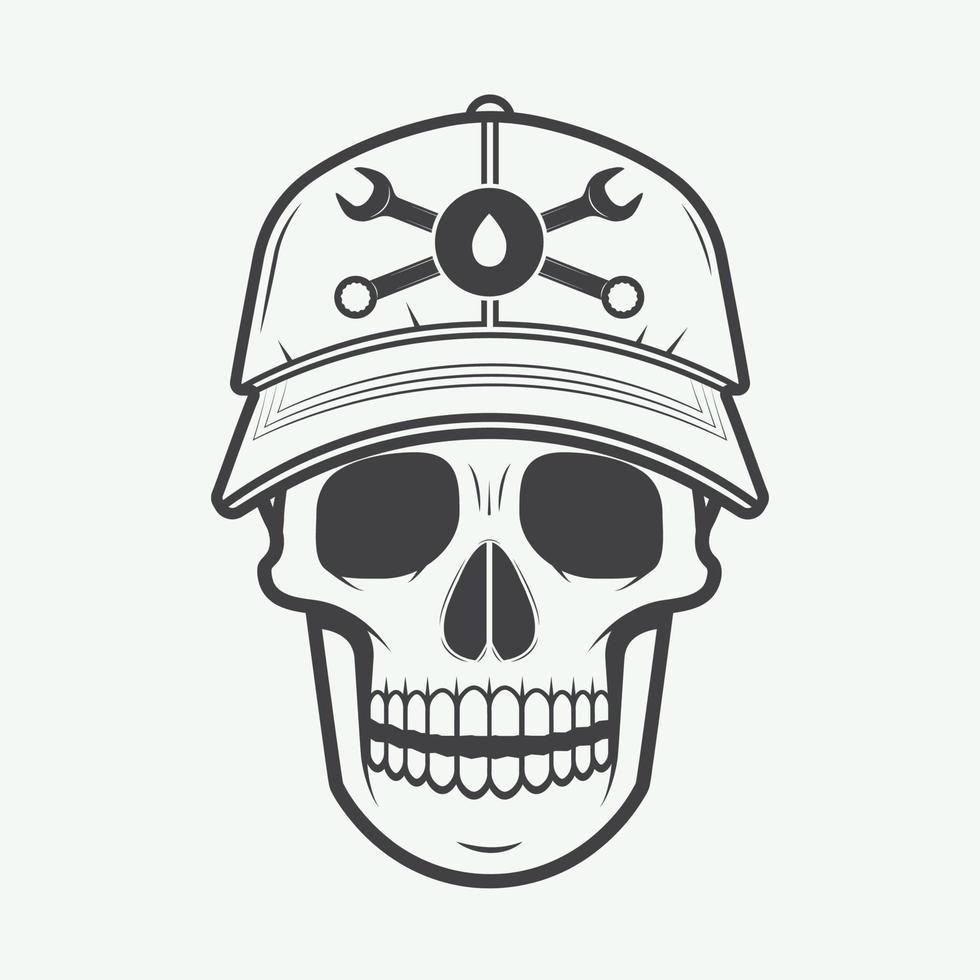 Vintage vector mechanic logo label with skull, wrench