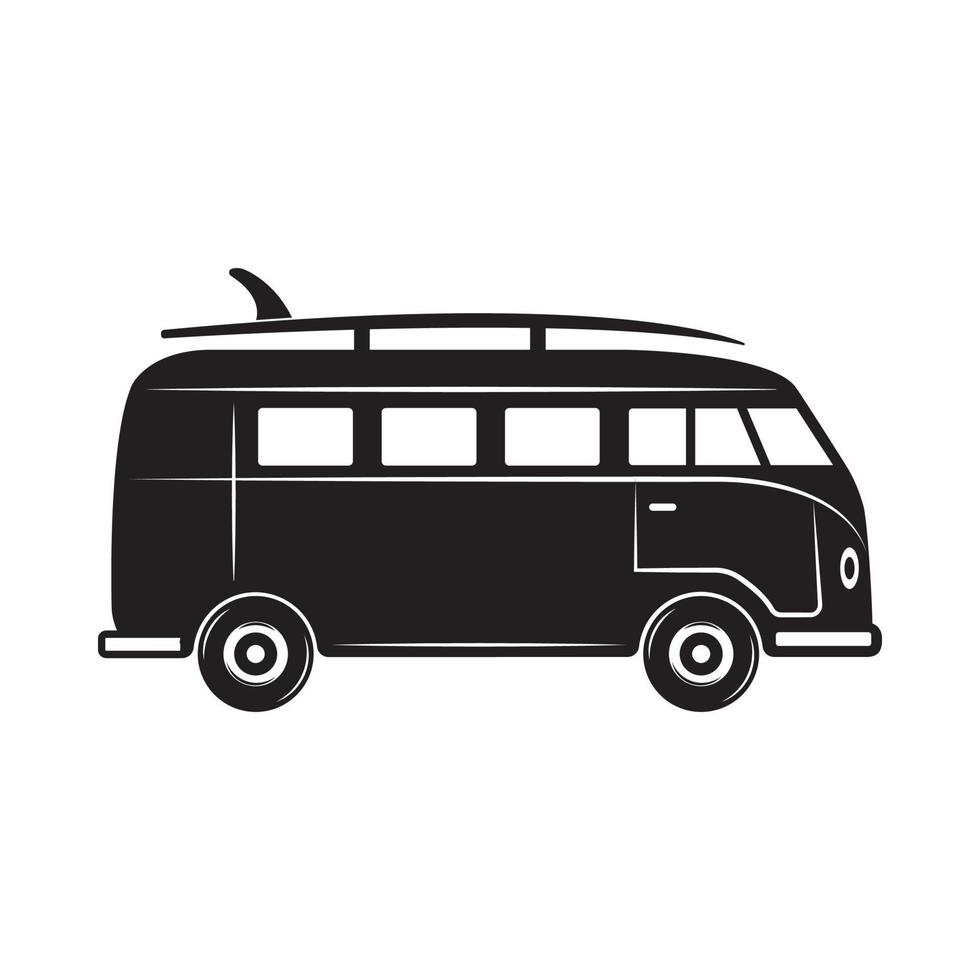 vintage retro surf verano surf coche furgoneta autobús. se puede usar como emblema, logotipo, insignia, etiqueta. marca, cartel o impresión. arte gráfico monocromático. vector