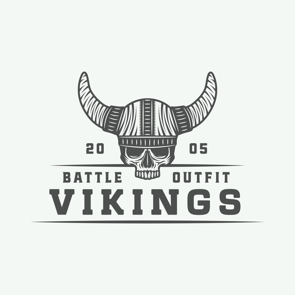 Vintage vikings logo, label, emblem, badge in retro style with quote. Monochrome Graphic Art. Vector Illustration.