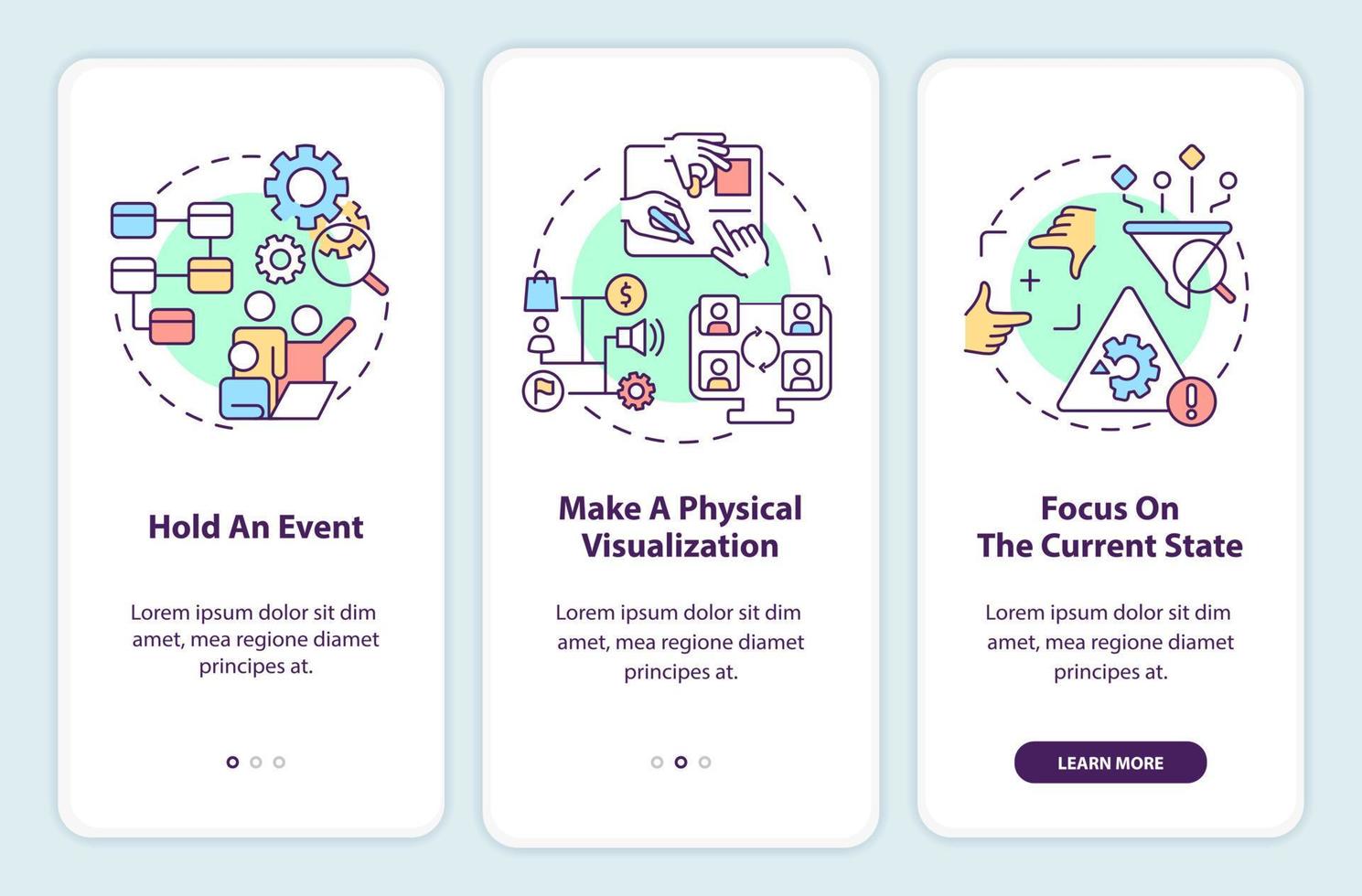 Value stream mapping best practices onboarding mobile app screen. Walkthrough 3 steps graphic instructions pages with linear concepts. UI, UX, GUI template. vector