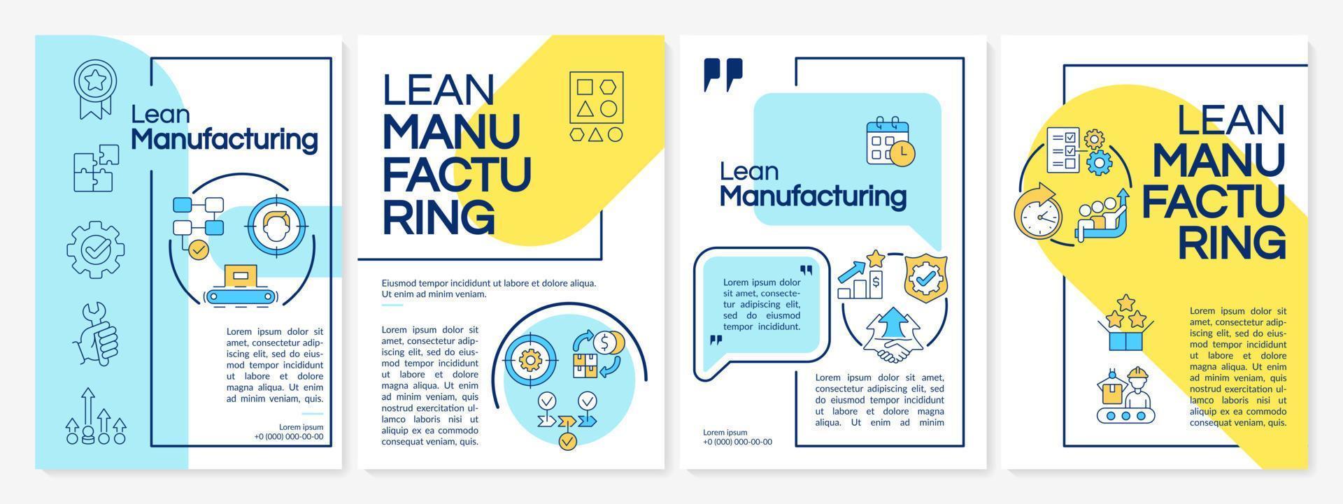 Lean manufacturing yellow and blue brochure template. Continuous production. Leaflet design with linear icons. 4 vector layouts for presentation, annual reports.
