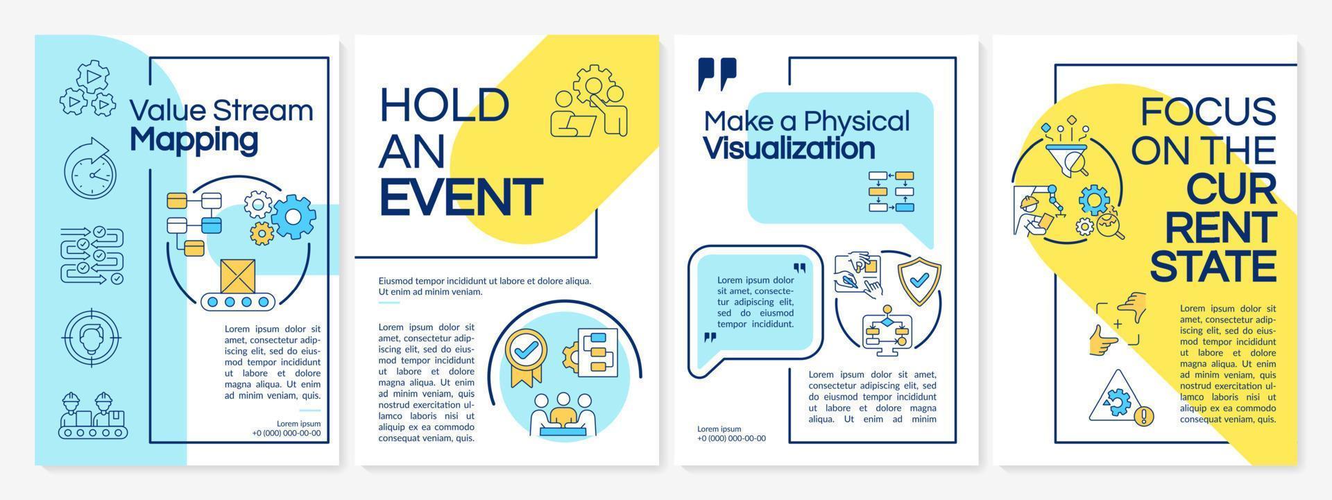 Value stream mapping yellow and blue brochure template. Lean manufacturing. Leaflet design with linear icons. 4 vector layouts for presentation, annual reports.