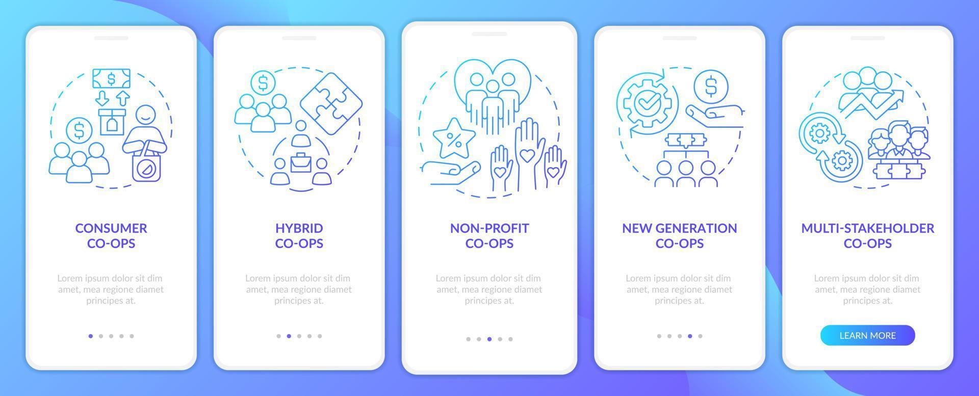 Types of business co-ops blue gradient onboarding mobile app screen. Walkthrough 5 steps graphic instructions pages with linear concepts. UI, UX, GUI template. vector