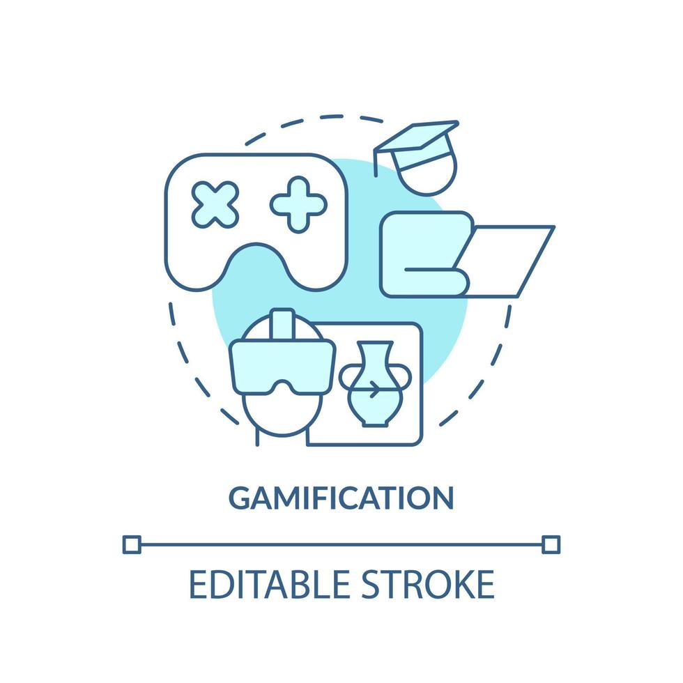 Gamification turquoise concept icon. Virtual reality for learning. Education trend abstract idea thin line illustration. Isolated outline drawing. Editable stroke. vector
