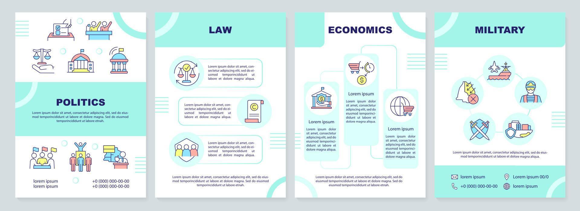 Social institutions and organizations brochure template. Leaflet design with linear icons. 4 vector layouts for presentation, annual reports.