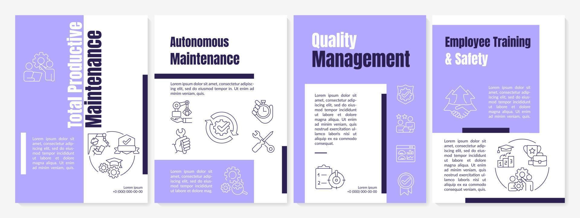 Total productive maintenance purple brochure template. Equipment improvement. Leaflet design with linear icons. 4 vector layouts for presentation, annual reports.