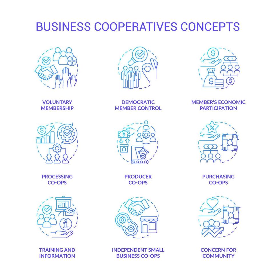 Business cooperatives blue gradient concept icons set. Cooperative work idea thin line color illustrations. Voluntary membership. Isolated symbols. vector