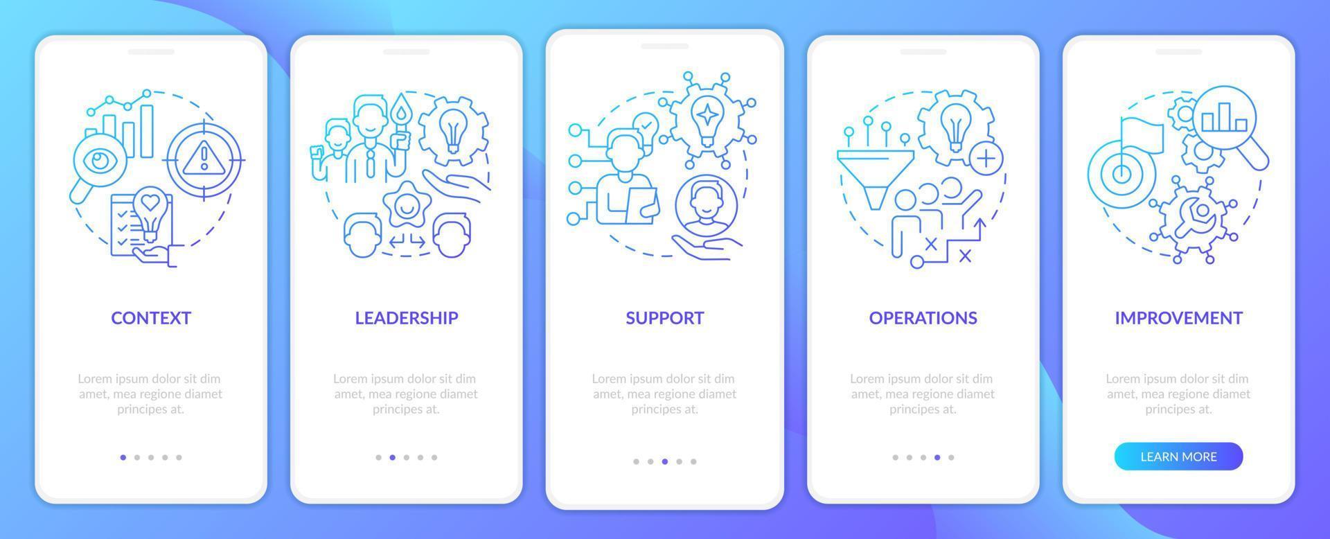 Manage innovation essentials blue gradient onboarding mobile app screen. Walkthrough 5 steps graphic instructions pages with linear concepts. UI, UX, GUI template. vector