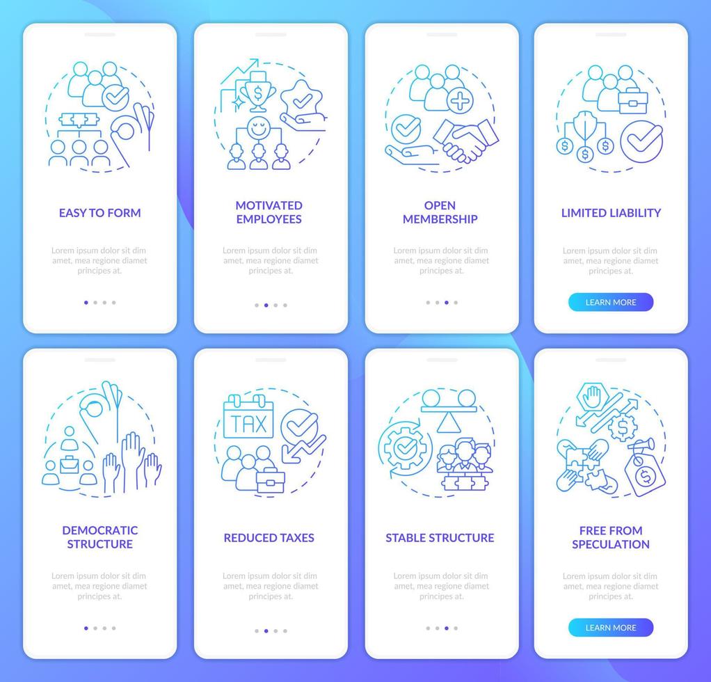 Business co-ops benefits blue gradient onboarding mobile app screen set. Walkthrough 4 steps graphic instructions pages with linear concepts. UI, UX, GUI template. vector