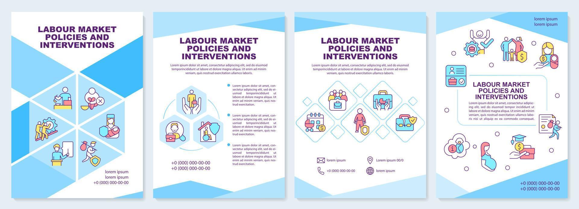 Plantilla de folleto sobre políticas e intervenciones del mercado laboral. diseño de folletos con iconos lineales. 4 diseños vectoriales para presentación, informes anuales. vector