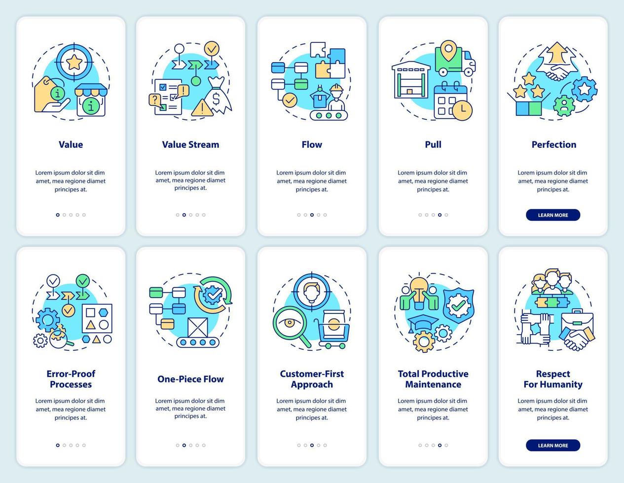 Lean manufacturing onboarding mobile app screen set. Effective production walkthrough 5 steps graphic instructions pages with linear concepts. UI, UX, GUI template. vector