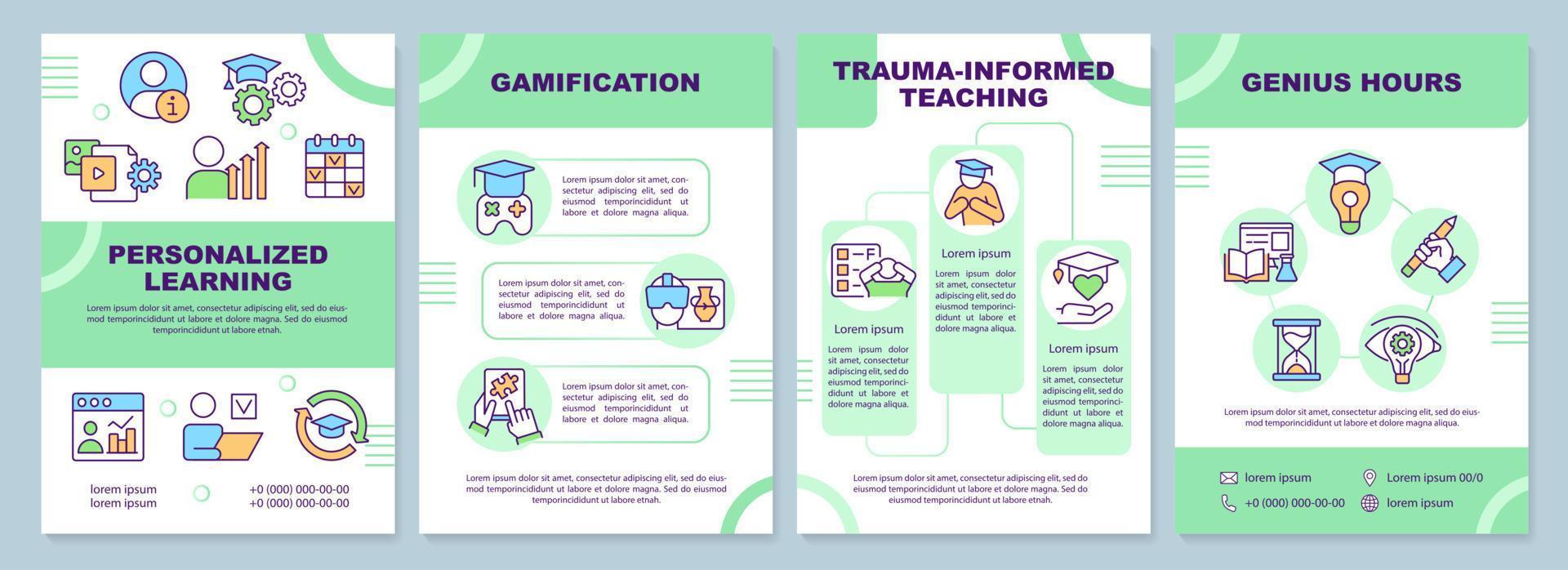 Education types and techniques green brochure template. Learning trends. Leaflet design with linear icons. 4 vector layouts for presentation, annual reports.