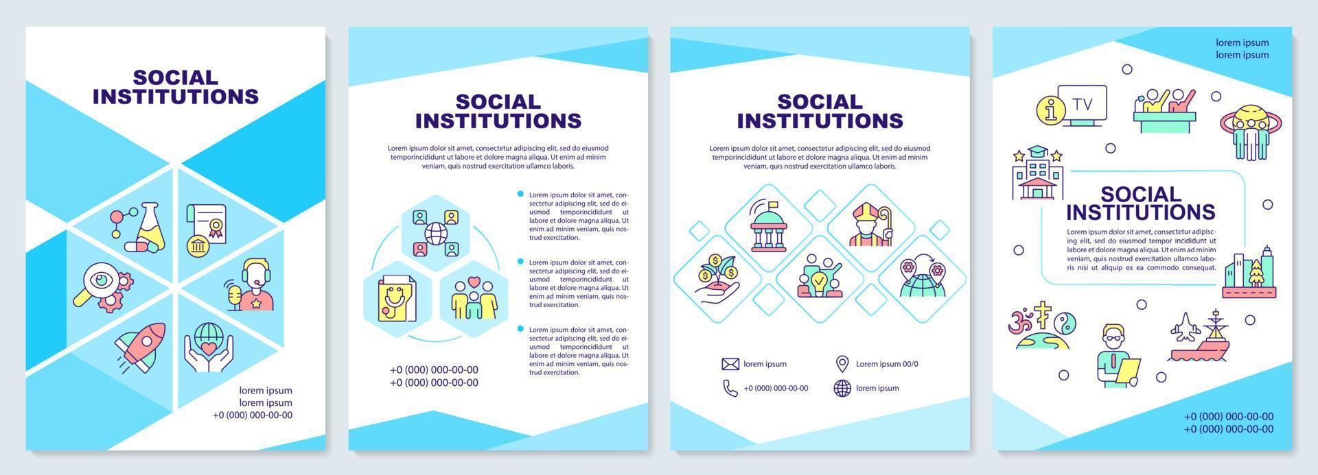 Social institutions brochure template. Set of rules and norms. Leaflet design with linear icons. 4 vector layouts for presentation, annual reports.