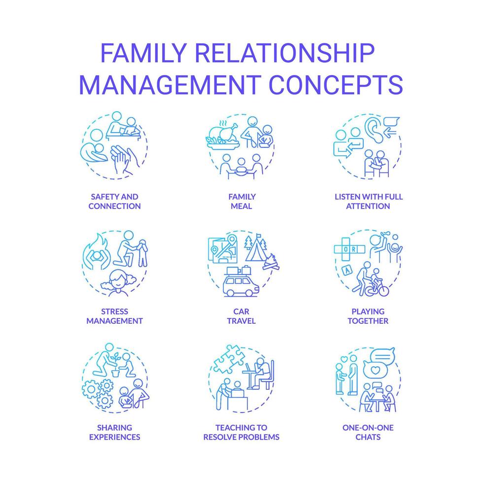 Family relationship management blue gradient concept icons set. Spend time with family members idea thin line color illustrations. Isolated symbols. vector