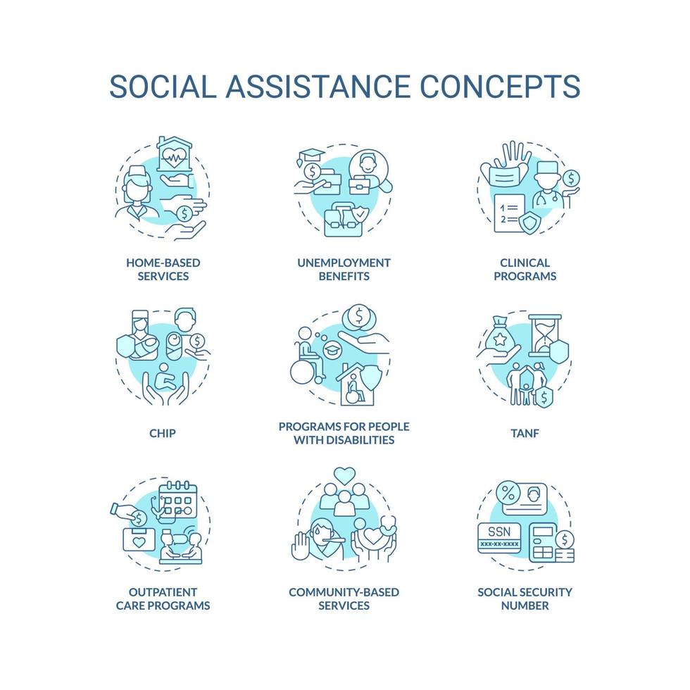 conjunto de iconos de concepto turquesa de asistencia social. ayuda para personas necesitadas. programas de apoyo idea ilustraciones en color de línea delgada. símbolos aislados. trazo editable. vector