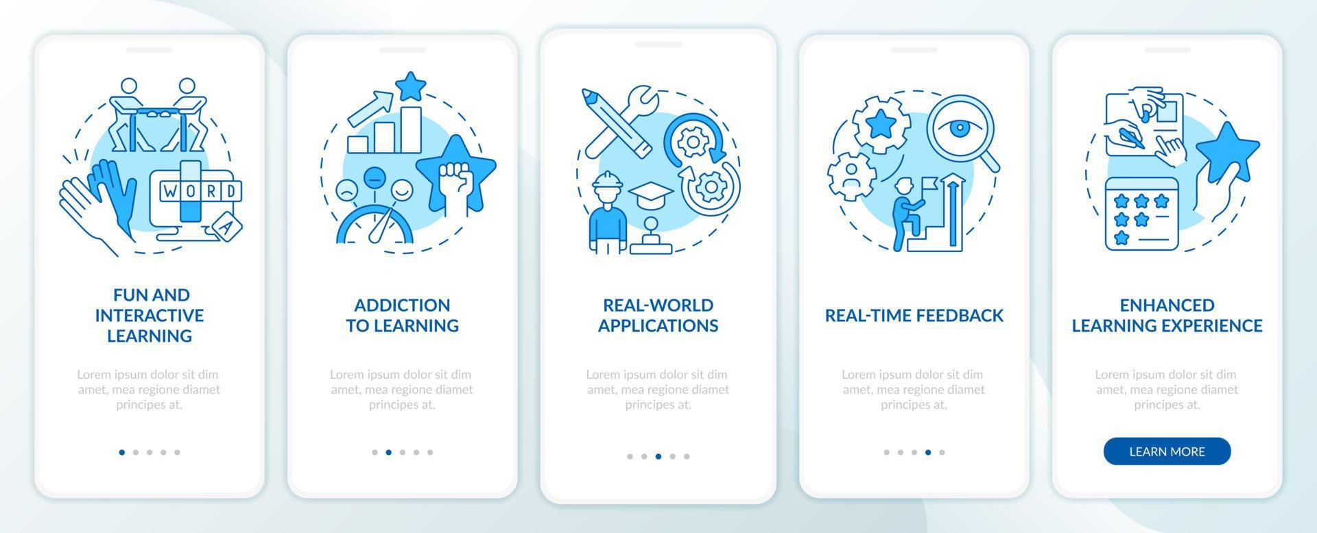 Benefits of gamification blue onboarding mobile app screen. Education walkthrough 5 steps graphic instructions pages with linear concepts. UI, UX, GUI template. vector