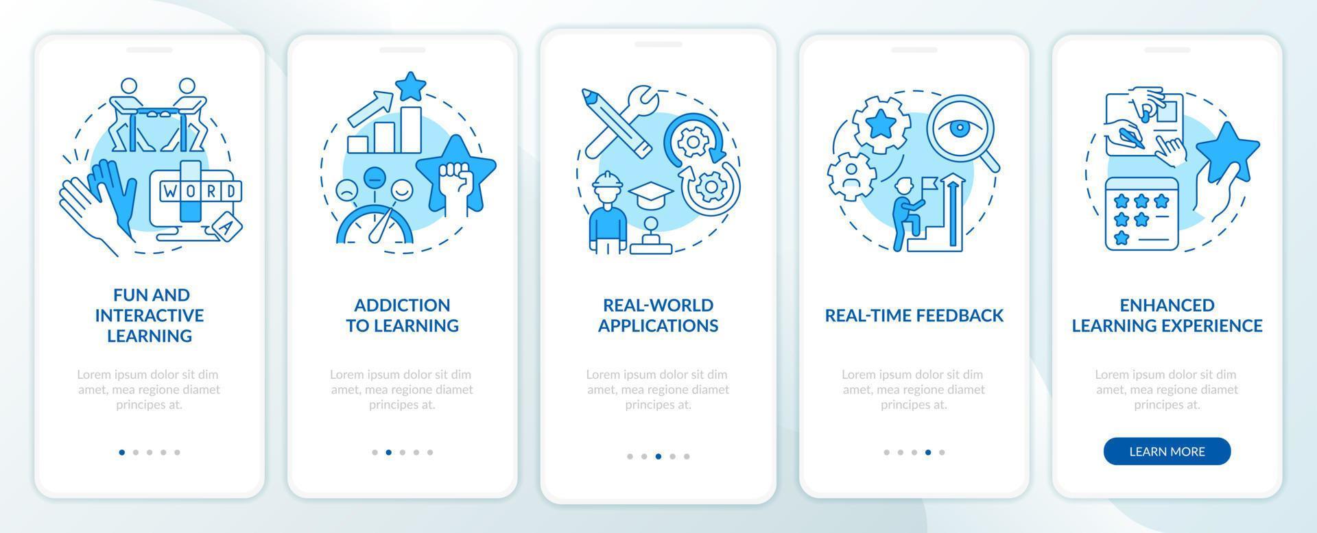 beneficios de la pantalla de aplicación móvil de incorporación azul de gamificación. tutorial educativo 5 pasos páginas de instrucciones gráficas con conceptos lineales. interfaz de usuario, ux, plantilla de interfaz gráfica de usuario. vector