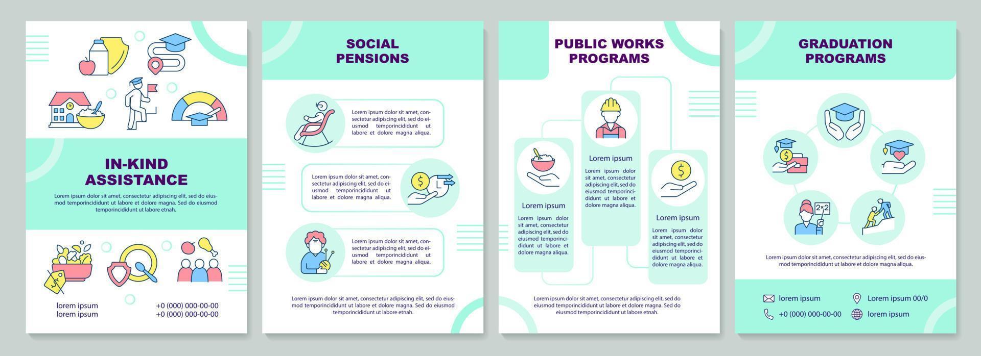 Types of social protection brochure template. Services. Leaflet design with linear icons. 4 vector layouts for presentation, annual reports.