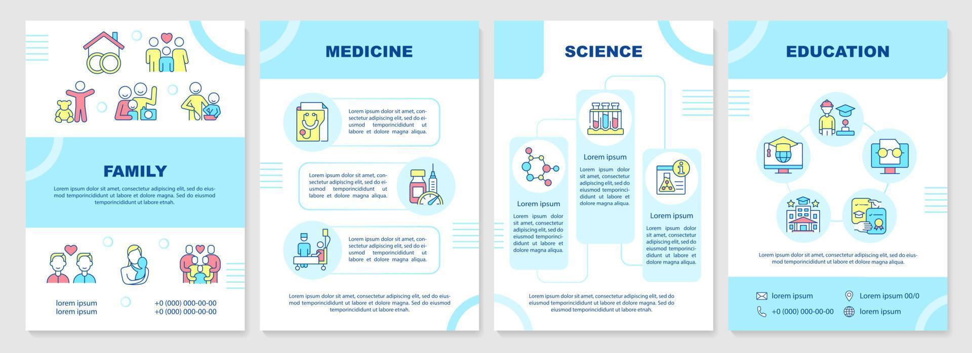 Social institutions examples brochure template. Pattern of behavior. Leaflet design with linear icons. 4 vector layouts for presentation, annual reports.