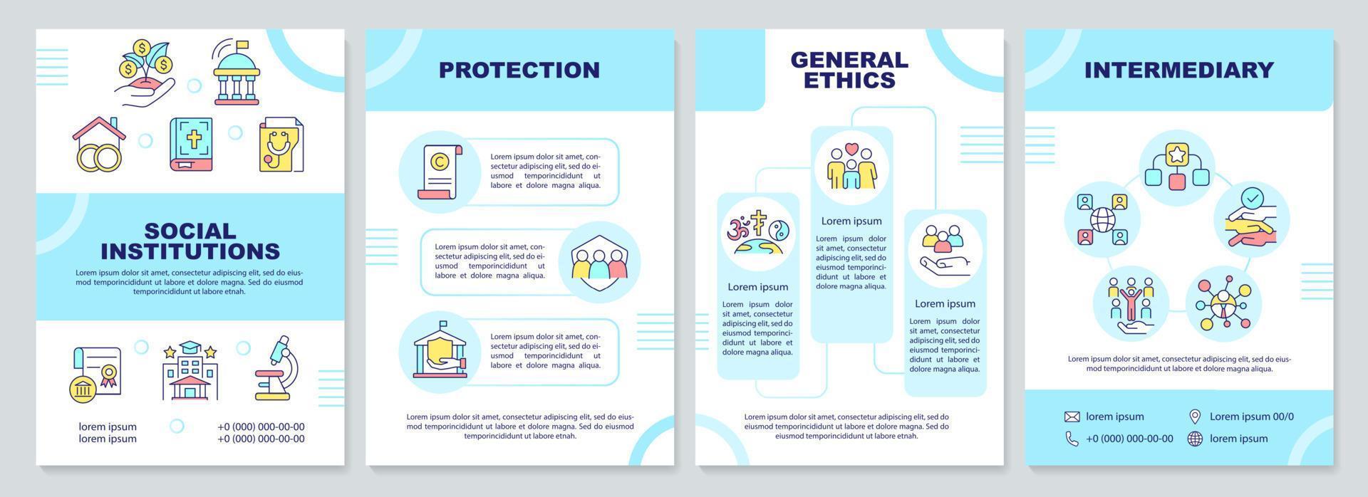 Social institutions importance brochure template. General ethics. Leaflet design with linear icons. 4 vector layouts for presentation, annual reports.
