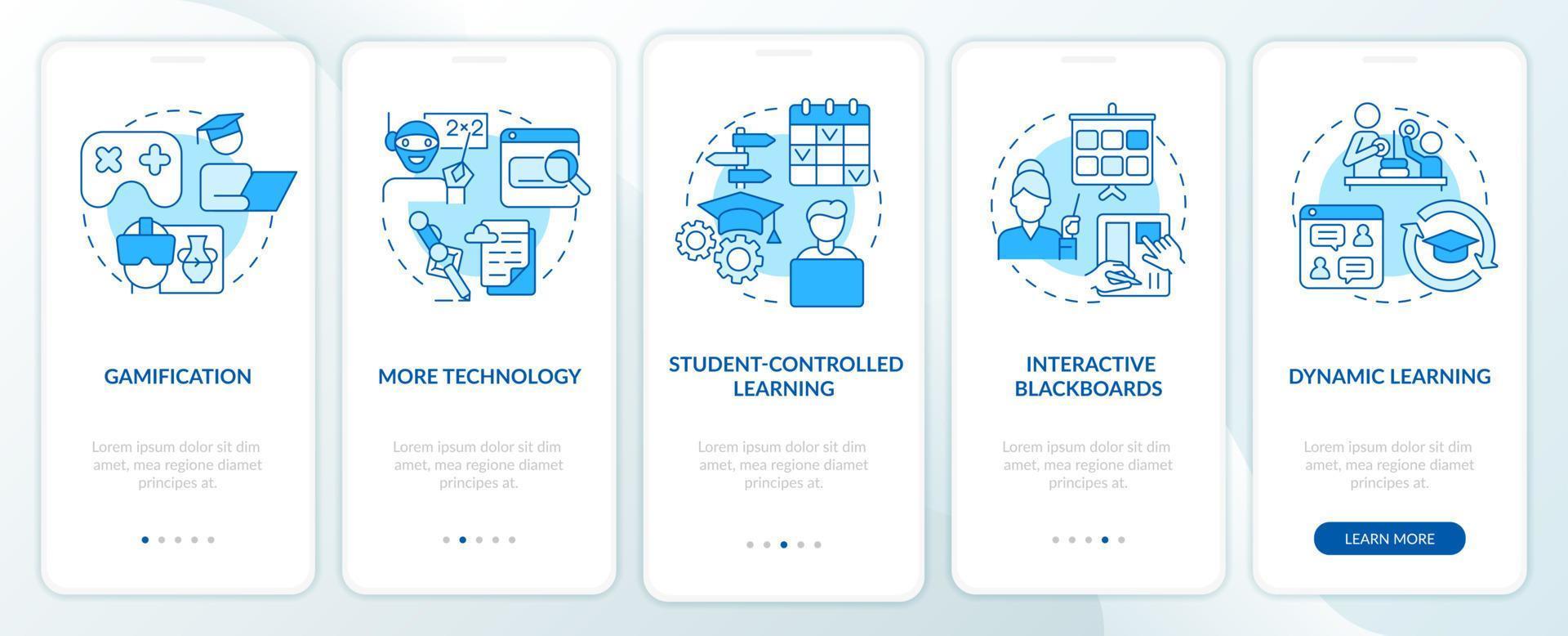 Technology in education trends blue onboarding mobile app screen. Digital walkthrough 5 steps graphic instructions pages with linear concepts. UI, UX, GUI template. vector
