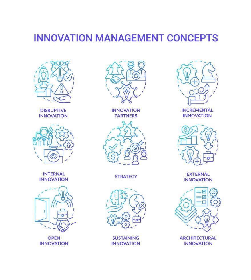 Innovation management blue gradient concept icons set. Creating startup idea thin line color illustrations. Managing innovative ideas. Isolated symbols. vector