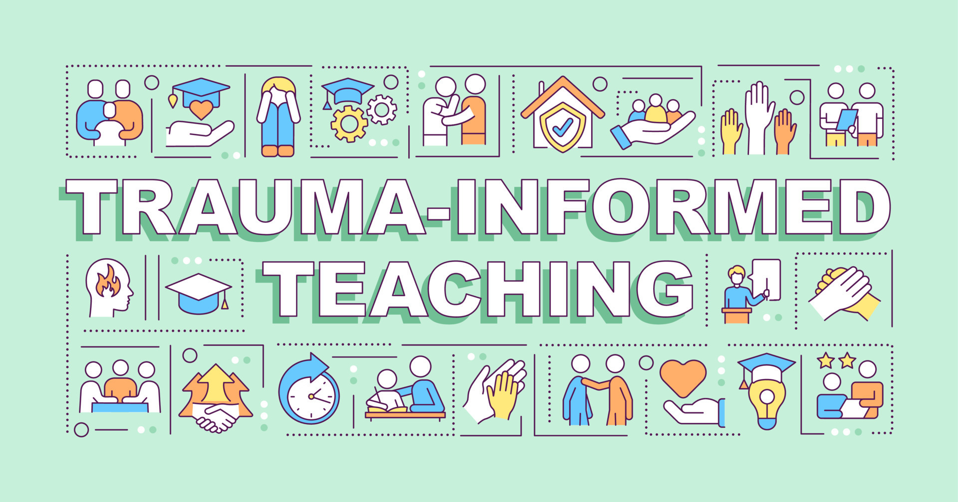 Trauma informed teaching word concepts green banner. Education trend