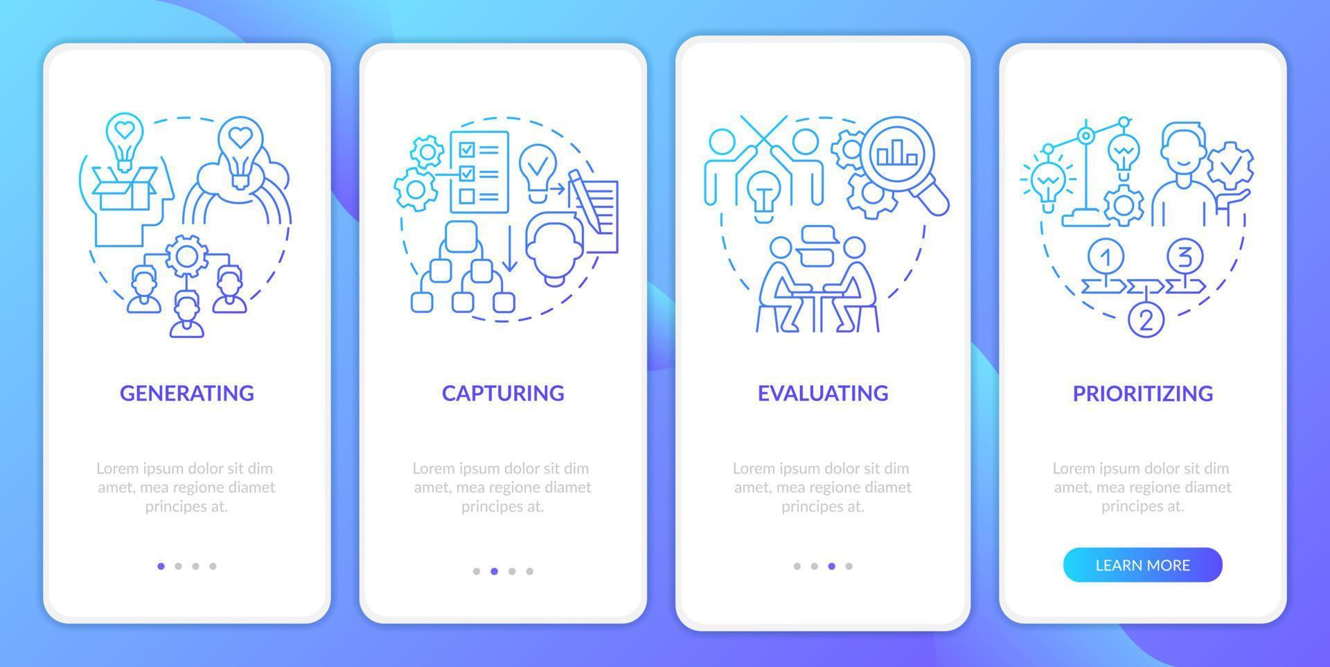 Innovation management phases blue gradient onboarding mobile app screen. Walkthrough 4 steps graphic instructions pages with linear concepts. UI, UX, GUI template. vector