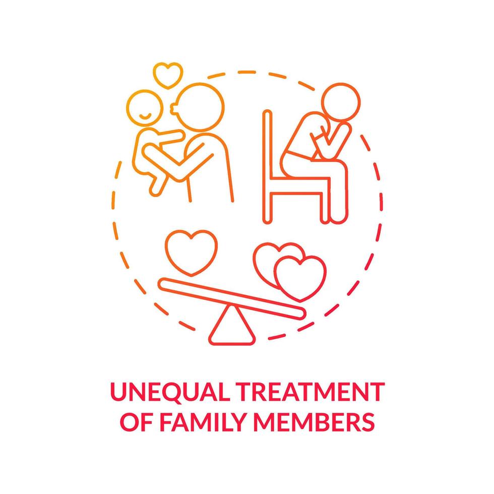 Unequal treatment of family members red gradient concept icon. Feature of dysfunctional families abstract idea thin line illustration. Isolated outline drawing. vector