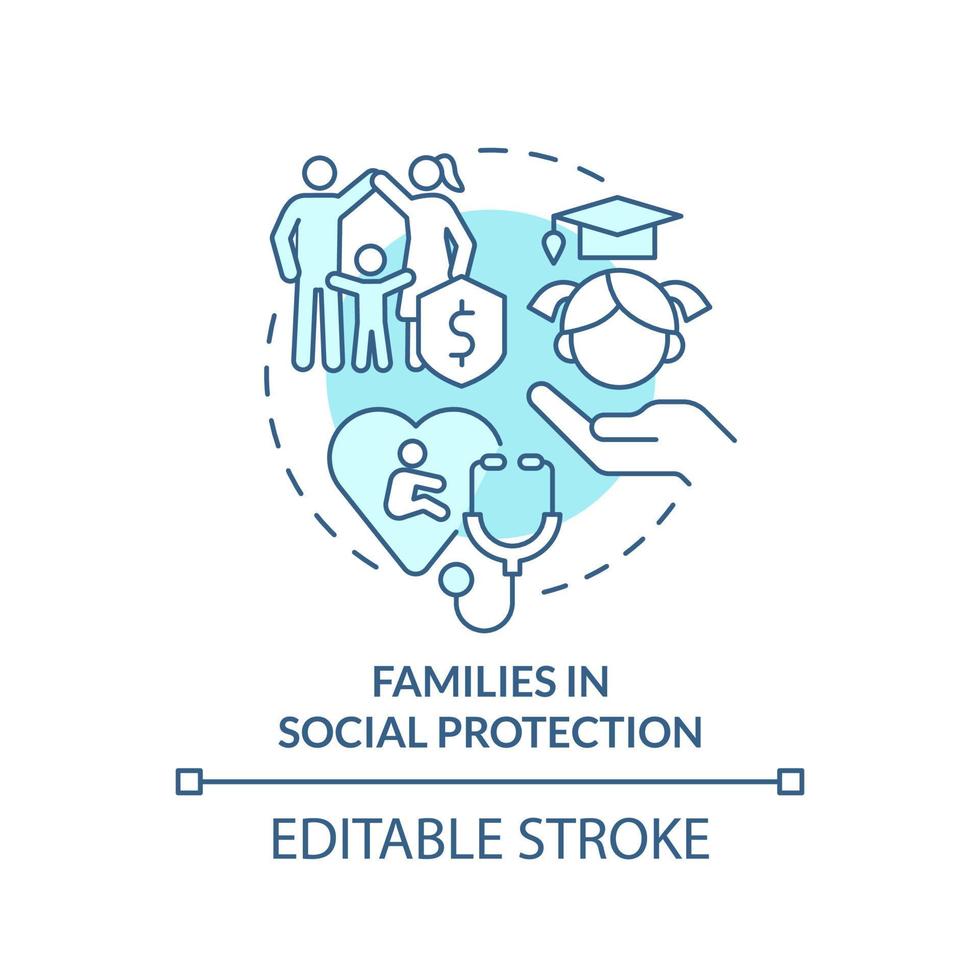 Families in social protection turquoise concept icon. Social protection activity abstract idea thin line illustration. Isolated outline drawing. Editable stroke. vector