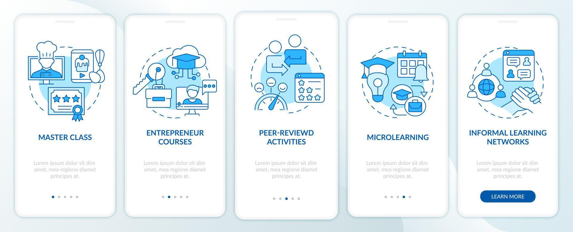 Online education trends blue onboarding mobile app screen. Learning walkthrough 5 steps graphic instructions pages with linear concepts. UI, UX, GUI template. vector