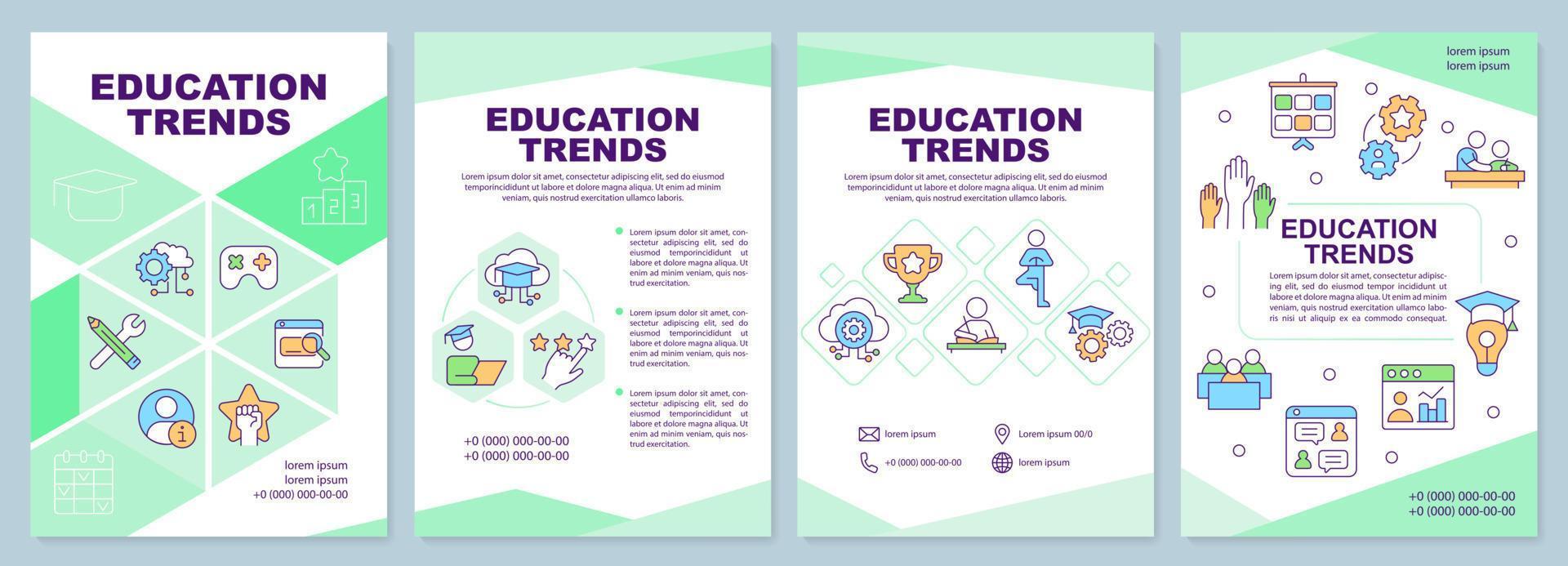 Education trends green brochure template. Learning innovations. Leaflet design with linear icons. 4 vector layouts for presentation, annual reports.