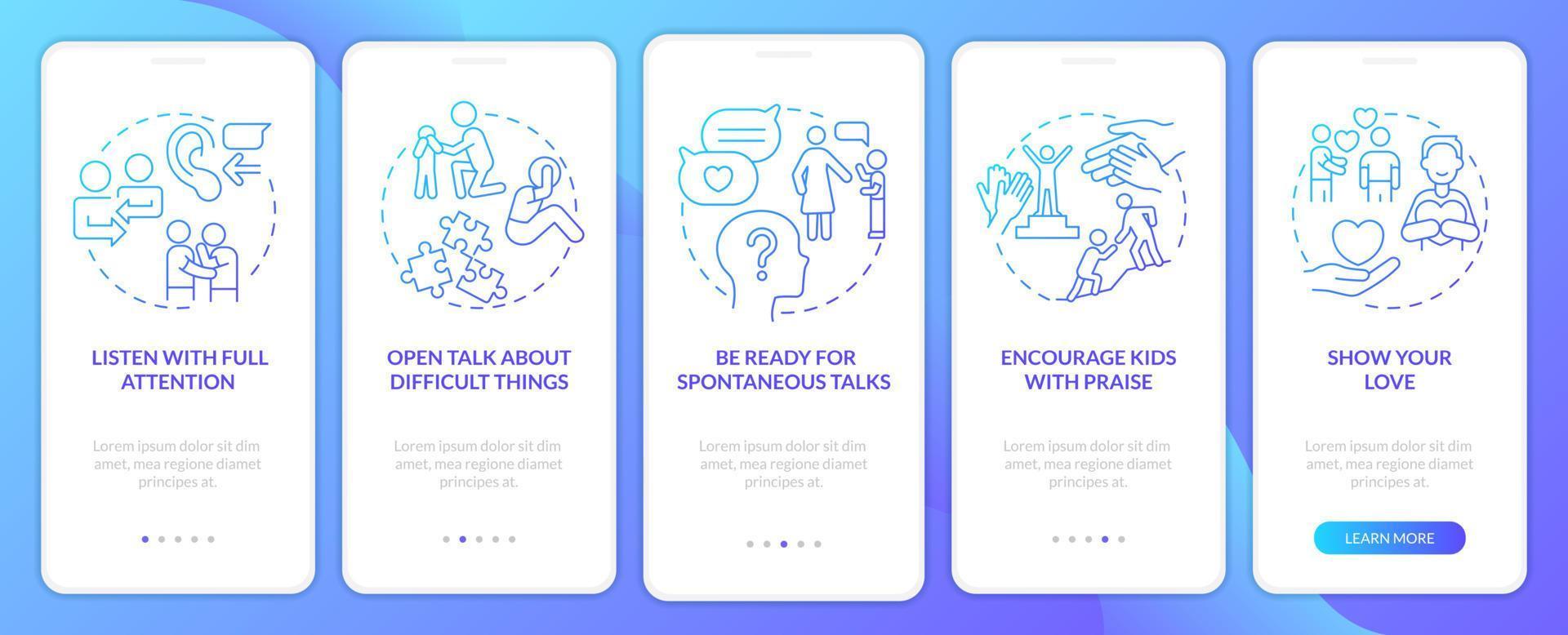 Positive communication blue gradient onboarding mobile app screen. Walkthrough 5 steps graphic instructions pages with linear concepts. UI, UX, GUI template. vector