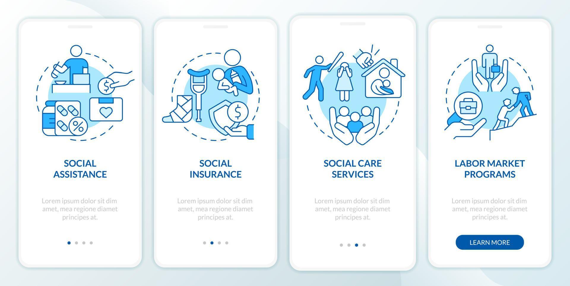 Social protection blue onboarding mobile app screen. Programs, services walkthrough 4 steps graphic instructions pages with linear concepts. UI, UX, GUI template. vector