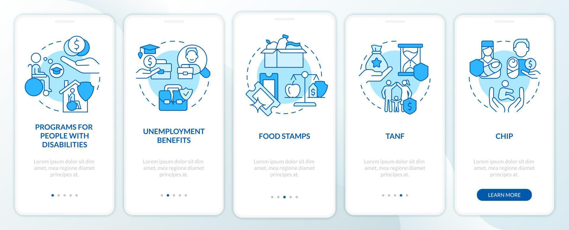 Government benefits blue onboarding mobile app screen. Social assistance walkthrough 5 steps graphic instructions pages with linear concepts. UI, UX, GUI template. vector