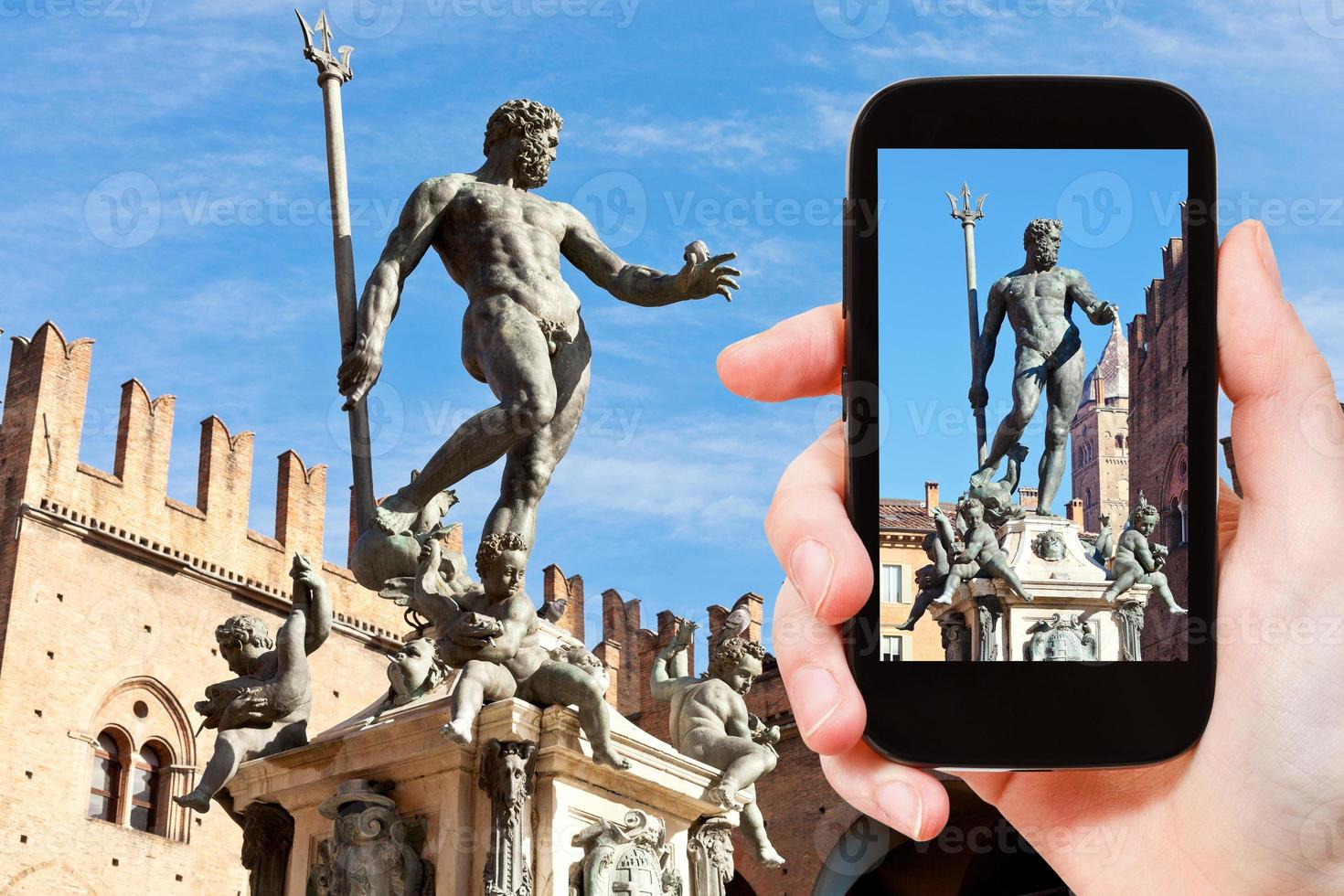tourist snapping photo of fountain of neptune