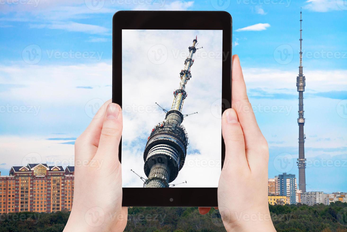 tourist photographs of television tower in Moscow photo