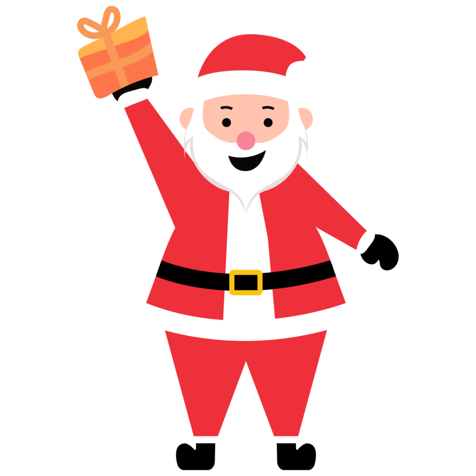 divertente contento Santa Claus personaggio con regalo, agitando, e saluto nel trasparente sfondo png
