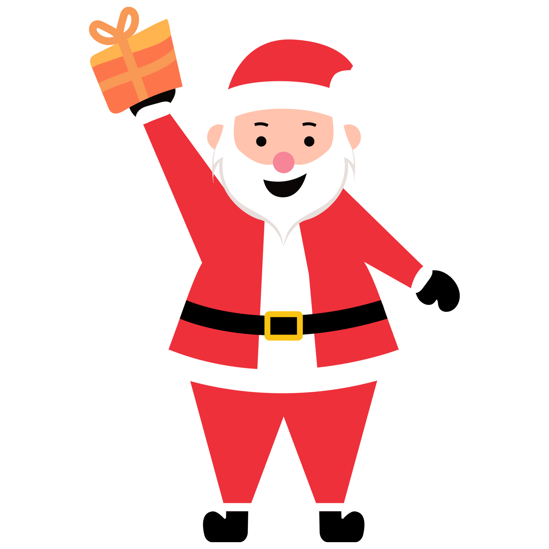 Funny happy Santa Claus character with gift, waving, and greeting in