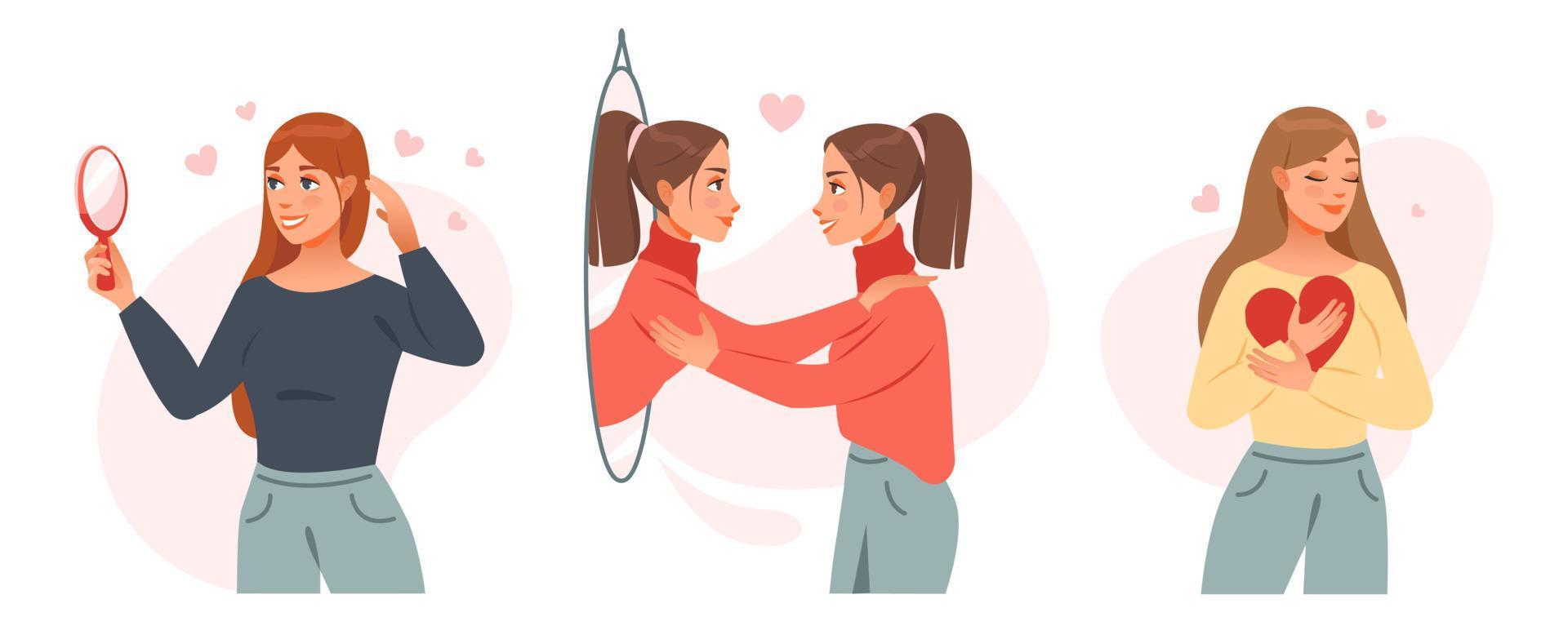 Self love concept. The girl admires her reflection in the mirror. The girl embraces the heart. Mental health. Cartoon vector illustration