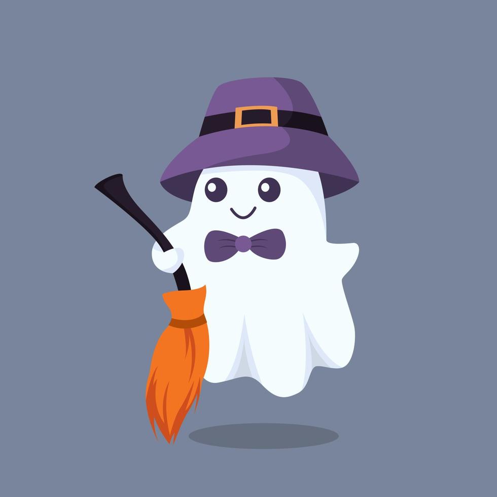 Ghost with Flying Broom Character Design Illustration vector