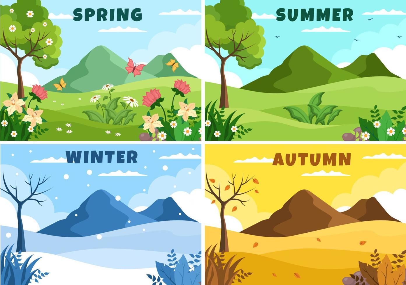 Scenery of the Four Seasons of Nature with Landscape Spring, Summer, Autumn and Winter in Template Hand Drawn Cartoon Flat Style Illustration vector