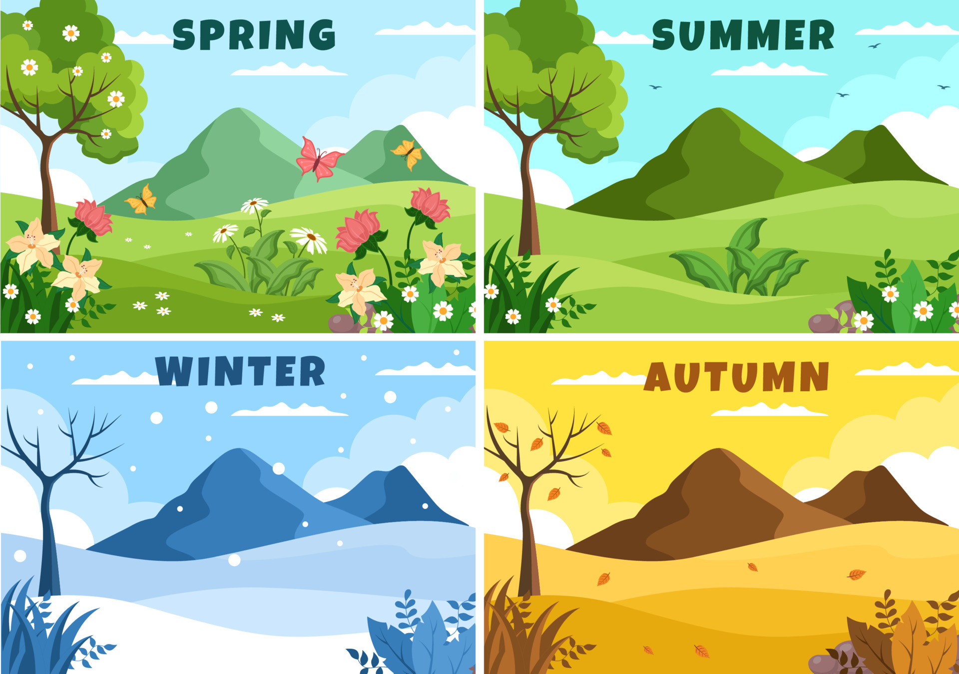 Scenery Of The Four Seasons Of Nature With Landscape Spring Summer 