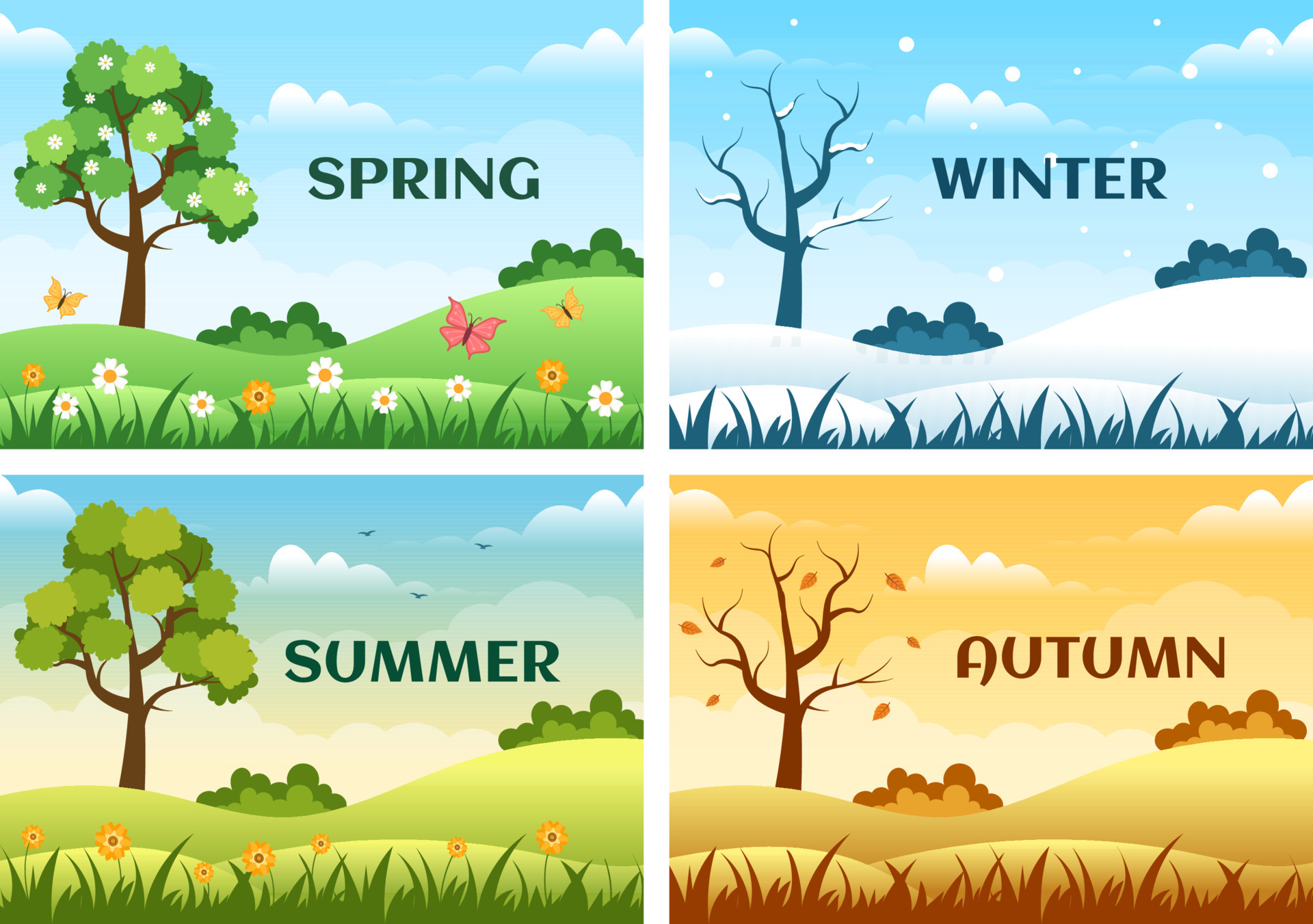 Scenery of the Four Seasons of Nature with Landscape Spring, Summer, Autumn  and Winter in Template Hand Drawn Cartoon Flat Style Illustration 12613085  Vector Art at Vecteezy