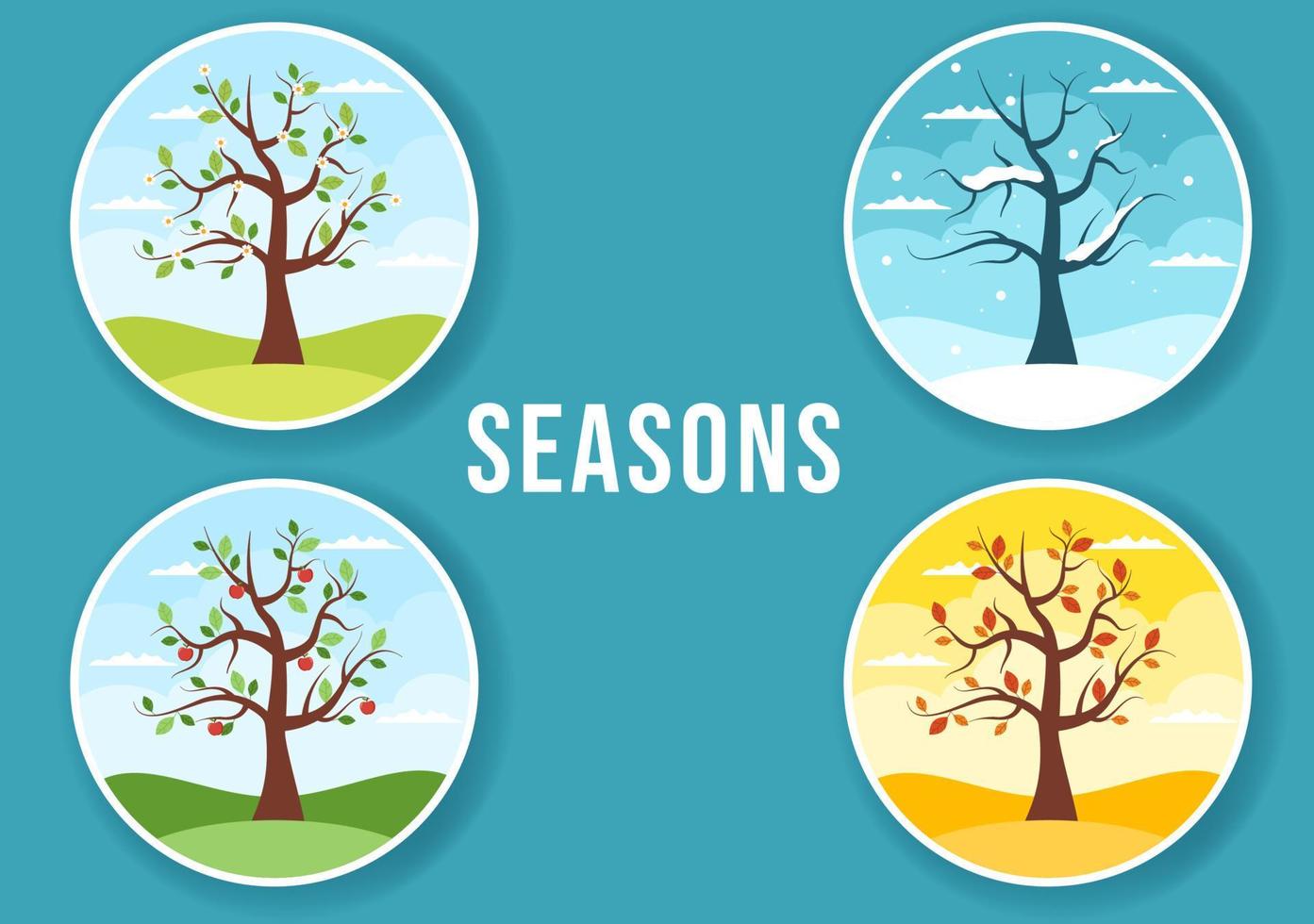 Scenery of the Four Seasons of Nature with Landscape Spring, Summer, Autumn and Winter in Template Hand Drawn Cartoon Flat Style Illustration vector